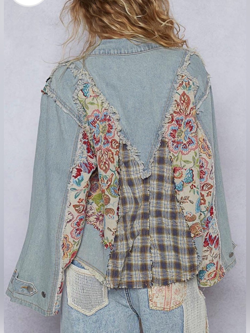 Women's Denim Jacket Floral Patchwork Frayed Cotton Boho Casual